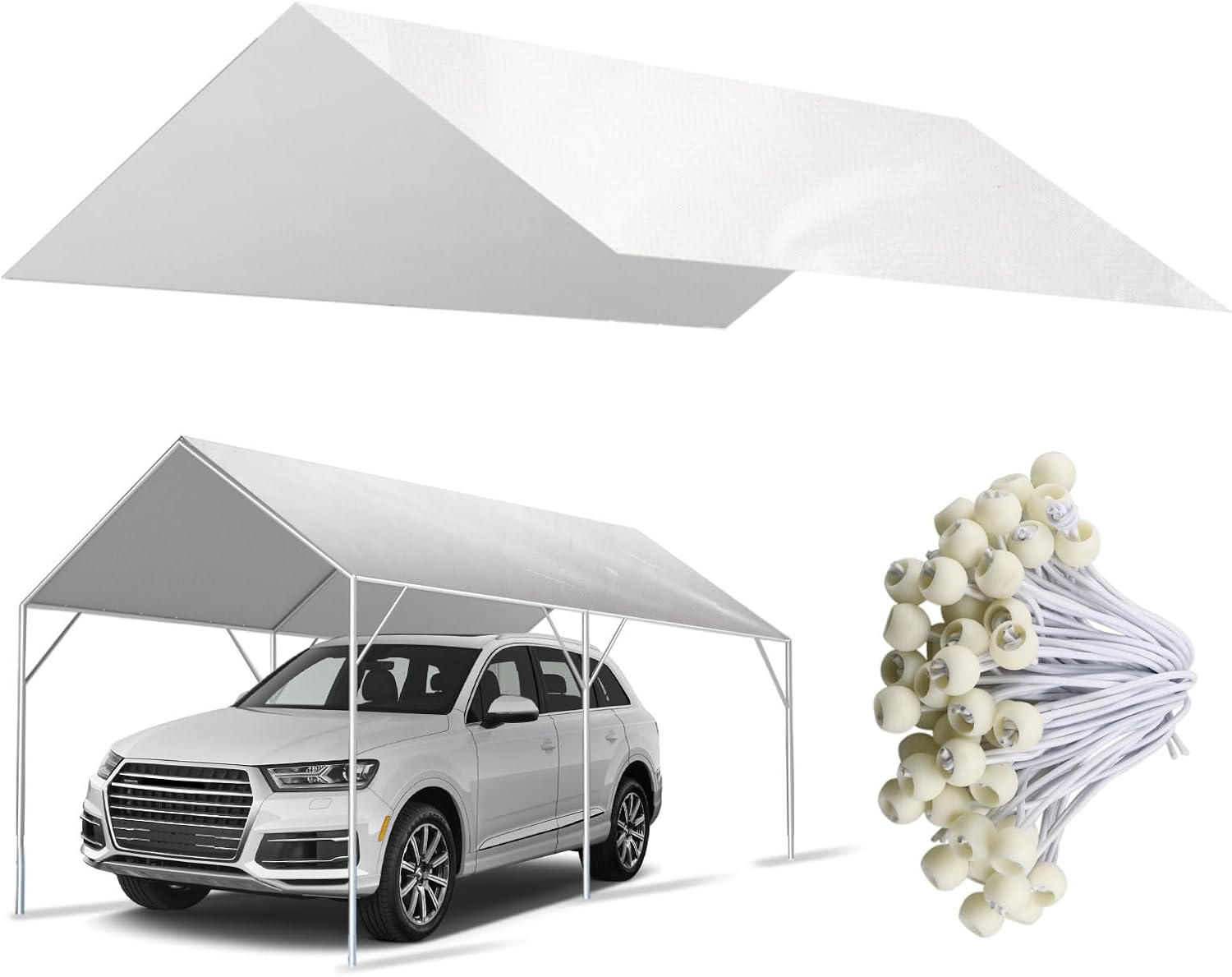 10 x 20 Canopy Replacement Cover for Carport, 220G Heavy Duty Replacement Top Cover for Car Garage, Waterproof UV Protected Tarp with 48 Ball Bungees (Only Cover, Frame Not Included), White 10 x 20 Canopy Replacement Cover for Carport, 220G Heavy Duty Replacement Top Cover for Car Garage, Waterproof UV Protected Tarp with 48 Ball Bungees (Only Cover, Frame Not Included), White