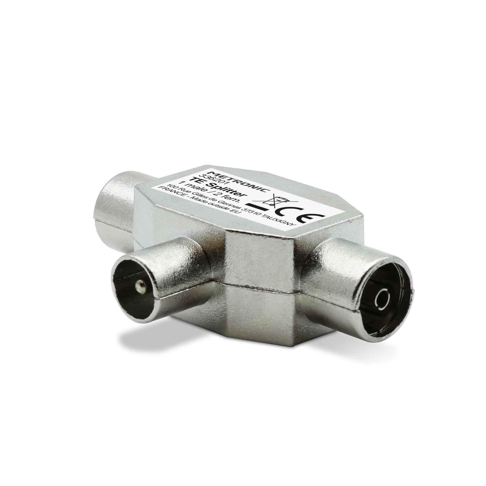 Metronic Partitore a T schermato 1 ingresso conn.maschio 2 uscite conn.fammina