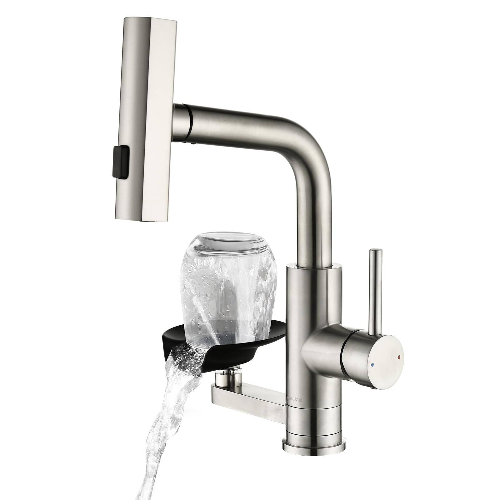 Küchenarmatur Wasserhahn Küche Glasspüler, Ausziehbar 3 Strahlarten | Spültischarmatur Küche Mynaiad mit Glasspüler, 3 Auslauf-Modi, 360°-Drehung, Schwarz 304 Edelstahl, für Küche, Bad und Bar