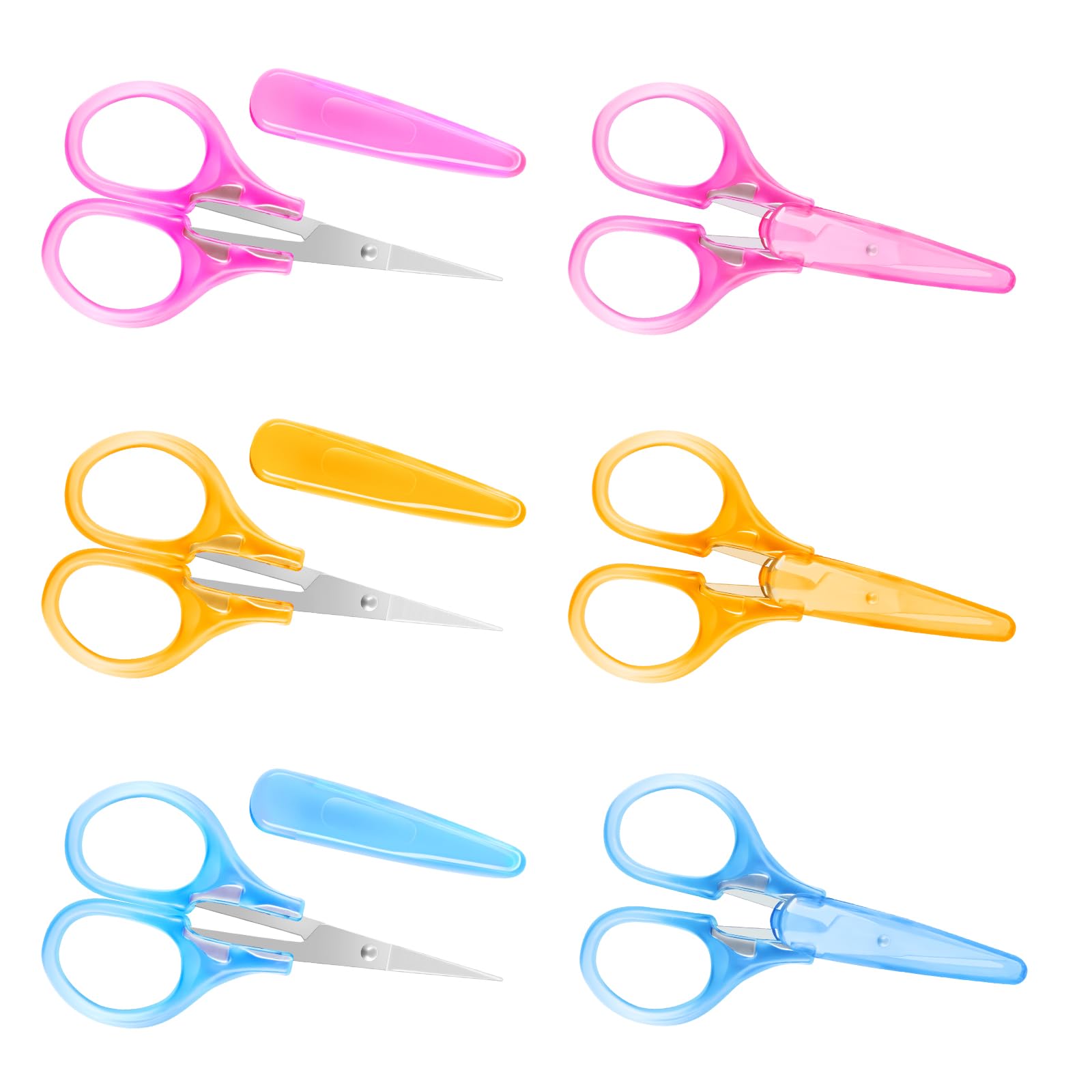 6PCS Embroidery and Sewing Supplies: Fine Craft Scissors with Plastic Handles, Sewing Scissors for Fabric Cutting, Mini Craft Details are Easy to Carry(2 Blue. 2 Pink. 2 Yellow)