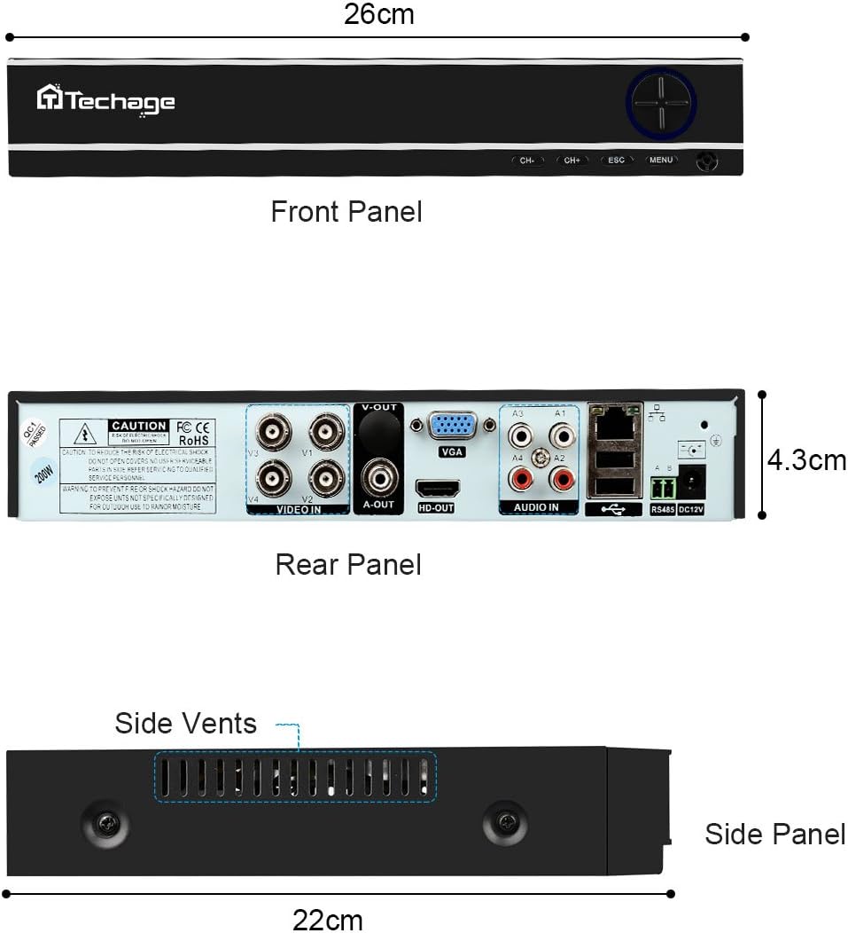 Dimensions and panel layout of the Techage DVR