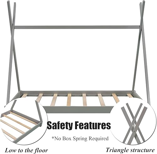 Miniatura 5 de Cama de casa tamaño individual para niños, cama de casa para niños pequeños con estructura triangular, base de cama de madera para suelo, mueble de