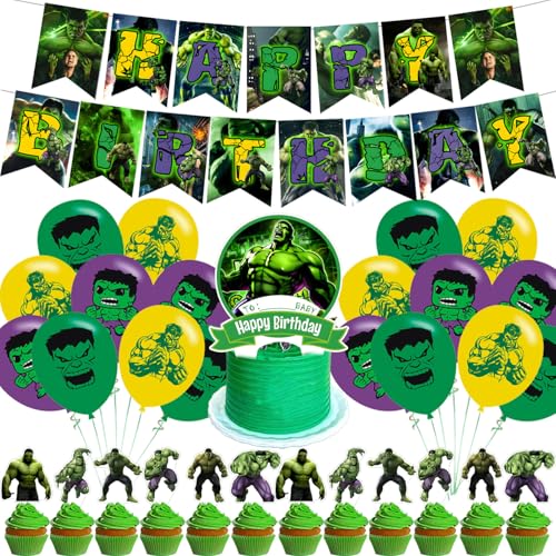 Green Hero Party Decorations HK Hero Man Birthday Party Supplies For Stay Kids Party Supplies Includes Banner - Cake Topper - 24 Cupcake Toppers - 18 Balloons