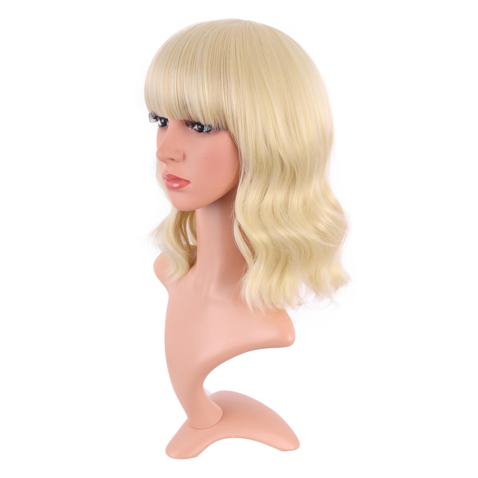 MapofBeauty 14 Inch/35 cm Short Wavy Curly Women Fresh Bright Synthetic Ordinary Flat Bangs Bob Wig (Mixed Blonde) - Image 3