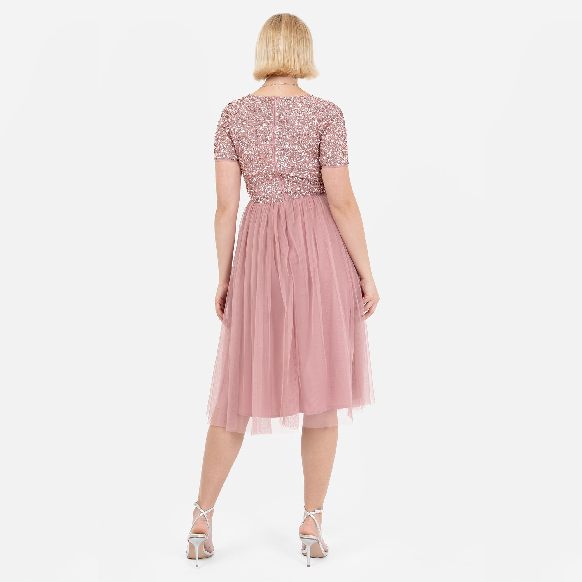 Maya Deluxe Robe de Soirée Midi Ornée avec Col en V et Manches Courtes pour Femme Demoiselle d'honneur