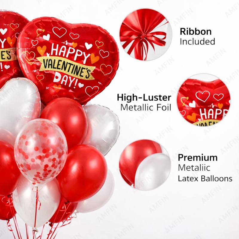 Image of AMFIN (Pack of 14) Happy Valentine's Day Balloon Decoration Set | Romantic Heart Foil Bouquet Metallic Helium Bunch Proposal Anniversary Celebration Party Decor - Red