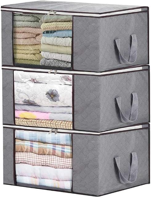 Storage Bags with Double Zippers,Large Capacity Foldable Storage Bag for Comforters, Large Clear Window & Portable Handles, Great for Clothes, Blankets, Closets, Bedrooms cleaning(Grey, 3 Packs)
