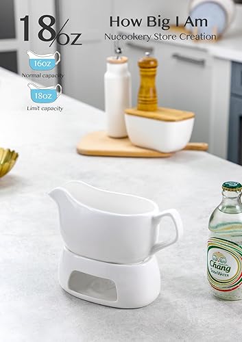 Miniatura 9 de Nucookery - Salsera grande de 17onzas con bandeja y asa ergonómica - Salsera blanca de porcelana fina con pico antigoteo para gravy, salsa, aliño de