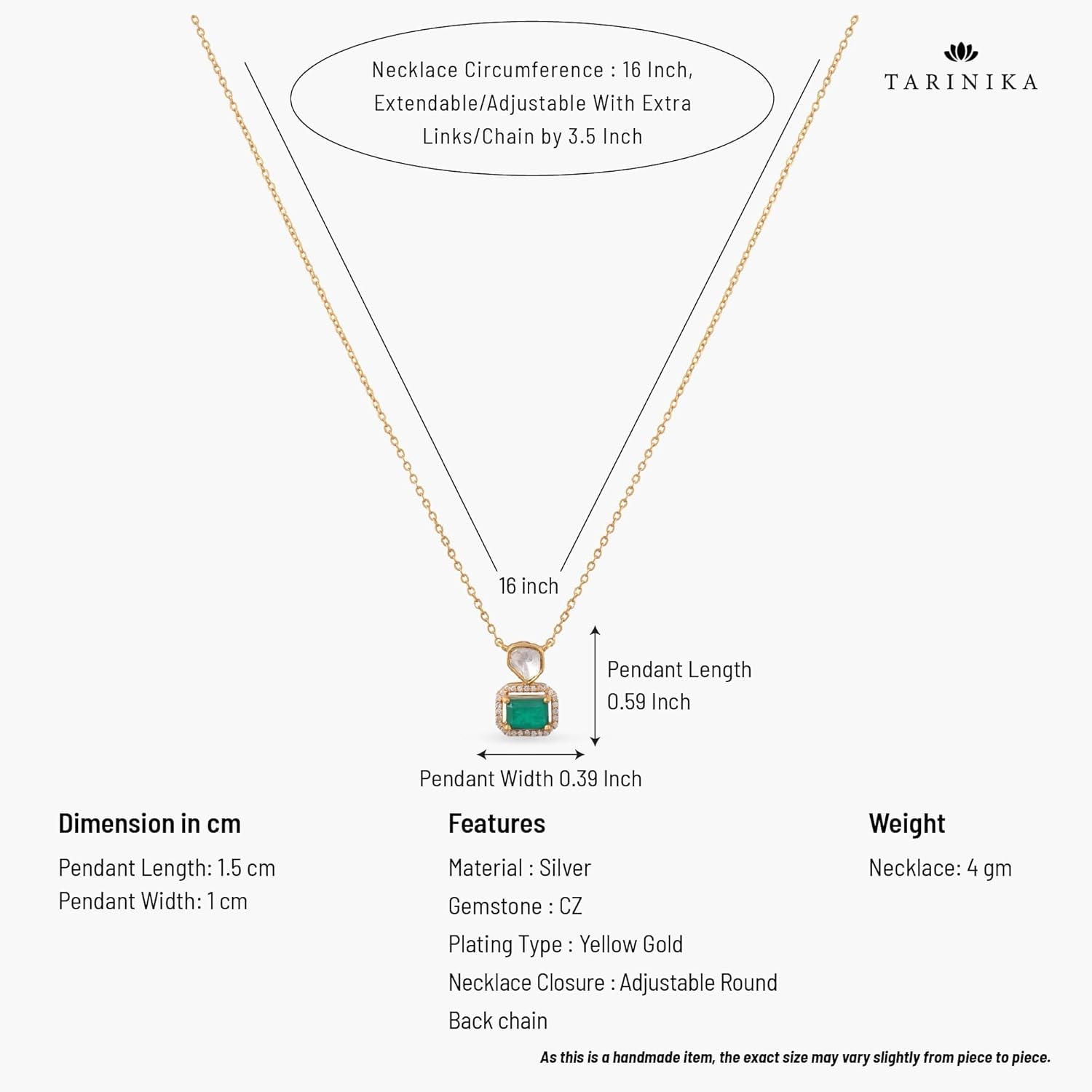 TARINIKA 925 Sterling Silver Pendant Necklace for Women, 1.0 Microns Yellow Gold Plating, Moissanite & Green Cushion Cut Gemstone, CZ Accents, Adjustable Chain, Elegant Minimalist Jewelry Gift - Image 4