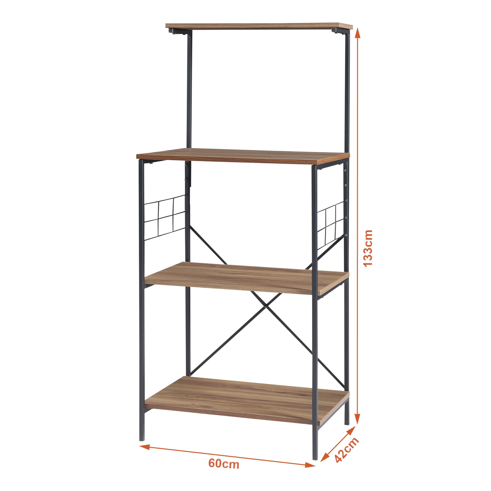[en.casa] Küchenregal Billund mit 4 Ablageflächen Mikrowellenregal aus Metall Aufbewahrungsregal 133 x 60 x 42 cm Standregal Schwarz/Walnuss-Optik