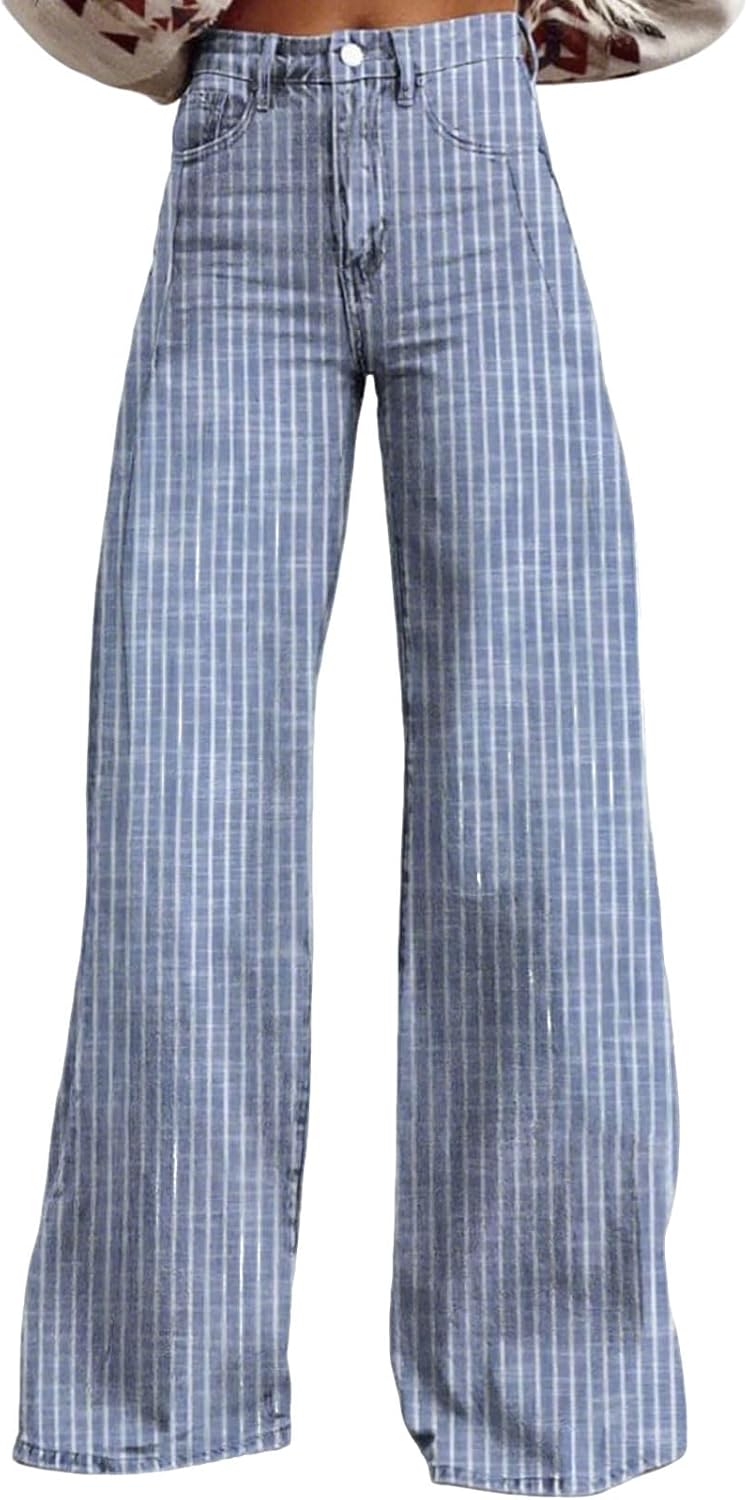 loveimgs Women Baggy Y2k Bell Bottom Striped Jeans Sweat Colorful Mid Rise Denim Pants Stripe Flare Jeans Wide Leg Cowgirl