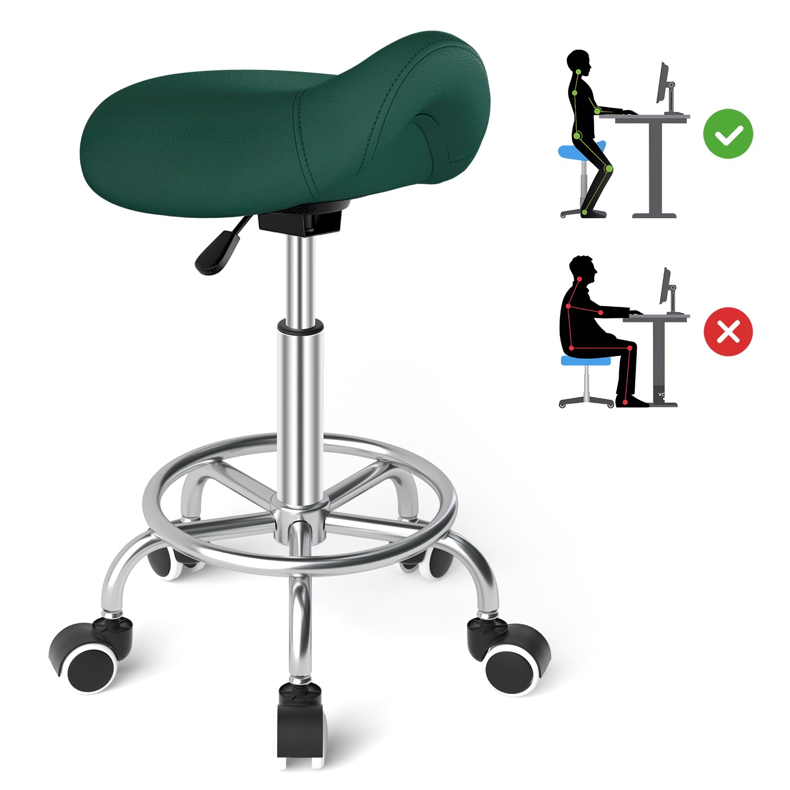 YEEZEE Saddle Stool Ergonomic, Saddle Chair with Wheels, Green
