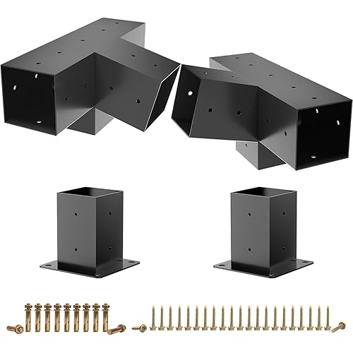 Slanted Pergola Brackets, 4PC Woodworks Pergola Kit 15° & 75° 4-Way Bracket with Post Base for 4x4'' (Actual: 3.5x3.5'') Wood Beams Elevated Wood Stand Kit