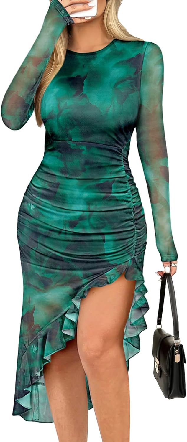 Pink Queen Women's Sexy Mesh Bodycon Dress Fall Long Sleeve Asymmetric Hem Ruffle Floral Print Party Club Ruched Midi Dresses