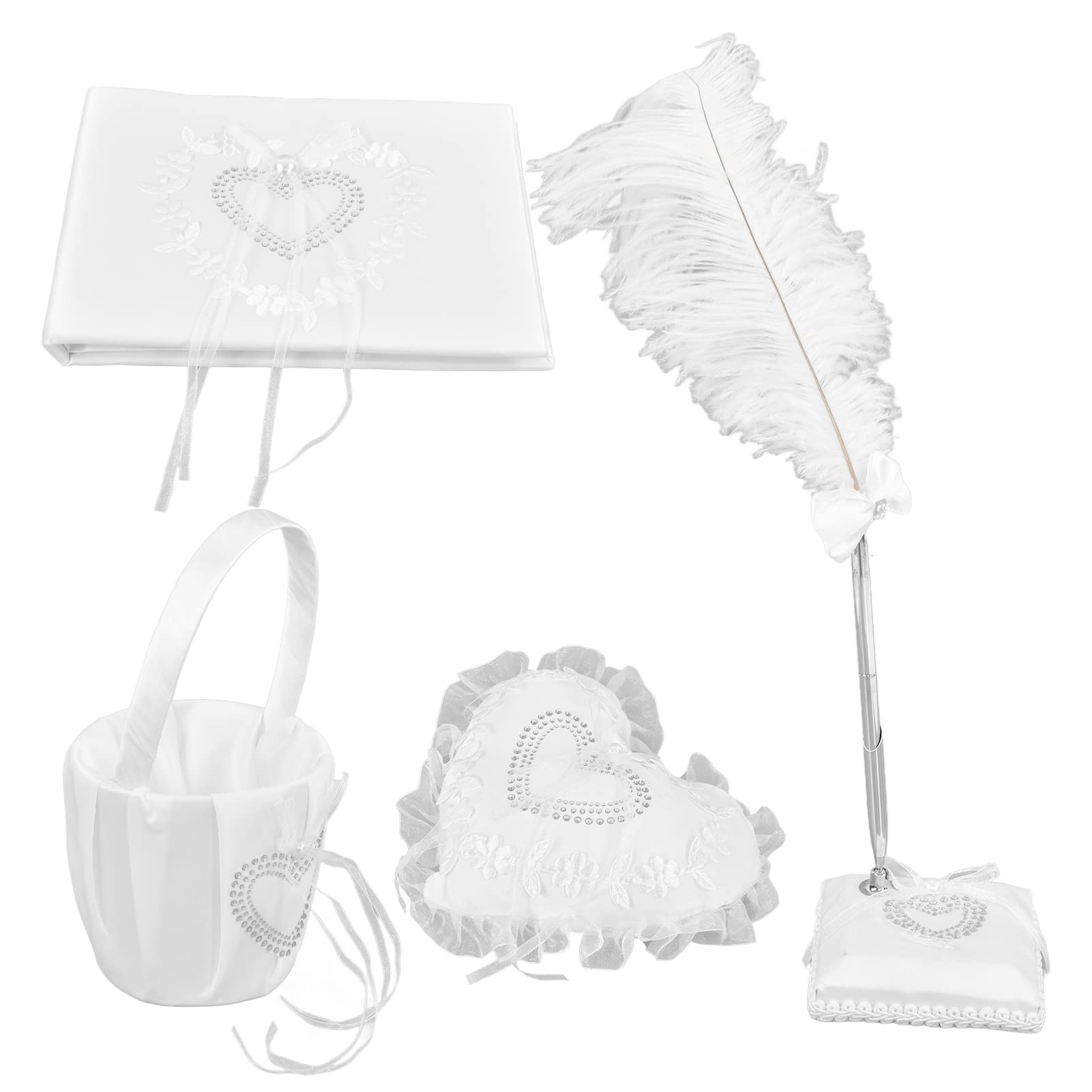 Fdit Weißes Hochzeitskissen Set für Ringe, Indoor Outdoor Nutzung | Vierteiliges Set mit Blumenkorb, Gästebuch, Federzeichenstift, aus strapazierfähigem Stoff, ideal für romantische Anlässe