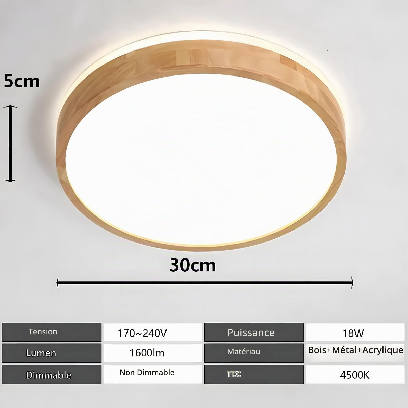 Plafonnier LED Bois, Lampe Ronde en Bois Naturel Lueur à 360° | Blanc naturel 4 500 K, 18 W 1 600 lm | Salon, cuisine, salle à manger, couloir, maison, bureau, chambre d'enfant, bureau(Ø30cm)