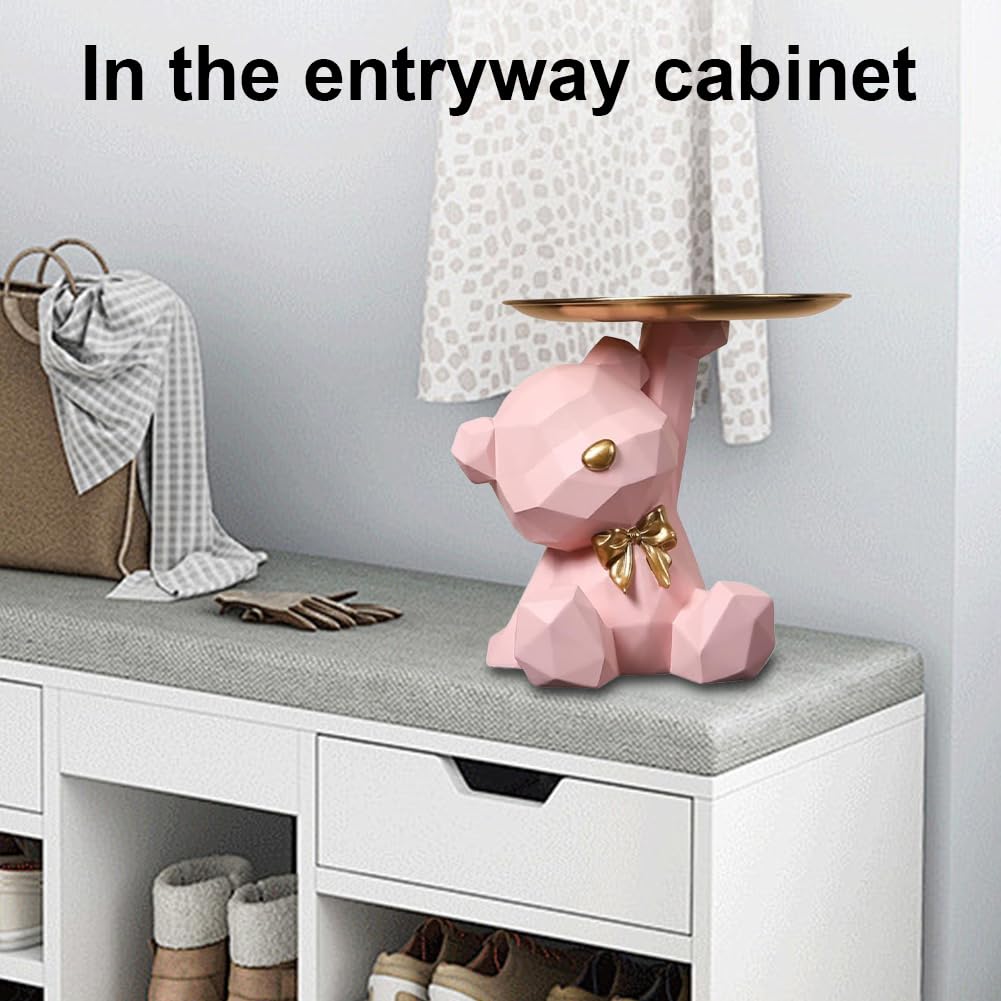Statua di Orso con Vassoio, Statua Orso Geometrico, Svuotatasche da Ingresso Design, Sculture Moderne Design, Vassoio portaoggetti per soggiorno, ingresso, ufficio, decorazione da scrivania, Rosa