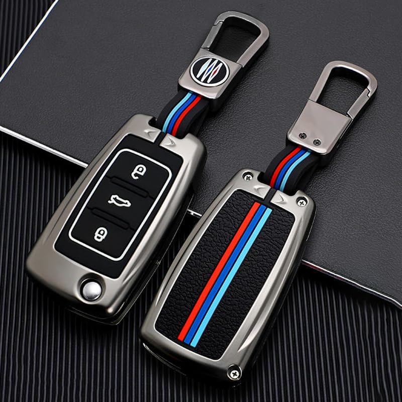 Image of KMH Metal Car Key Cover Compatible with Volkswagen Polo, Vento, Jetta, Ameo Model Smart Flip Keycover with Keychain 3 Button Key Shell Case Holder Protector (Metallic) Pack of 1