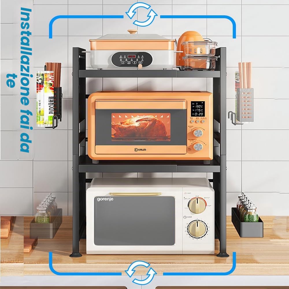 3 Ripiani Mensola Microonde Estensibile, Staffa per Mini Forno con 6 Ganci, Supporto per Microonde con Portaspezie, Microonde Scaffale per Ripiani da Forno da appoggio 40.5-64cm
