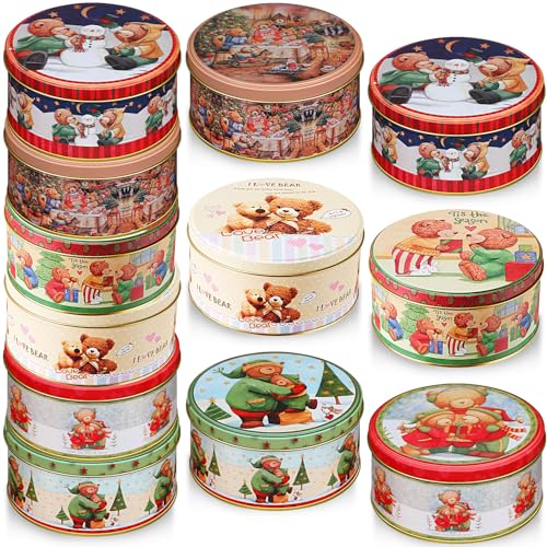 Yaomiao 12 Pack Christmas Cookie Tins with Lids for Gift Giving Small Xmas Tin Containers Round Metal Christmas Tins Empty Cookie Jar for Gift Giving Holiday Party Favors (Lovely Style)