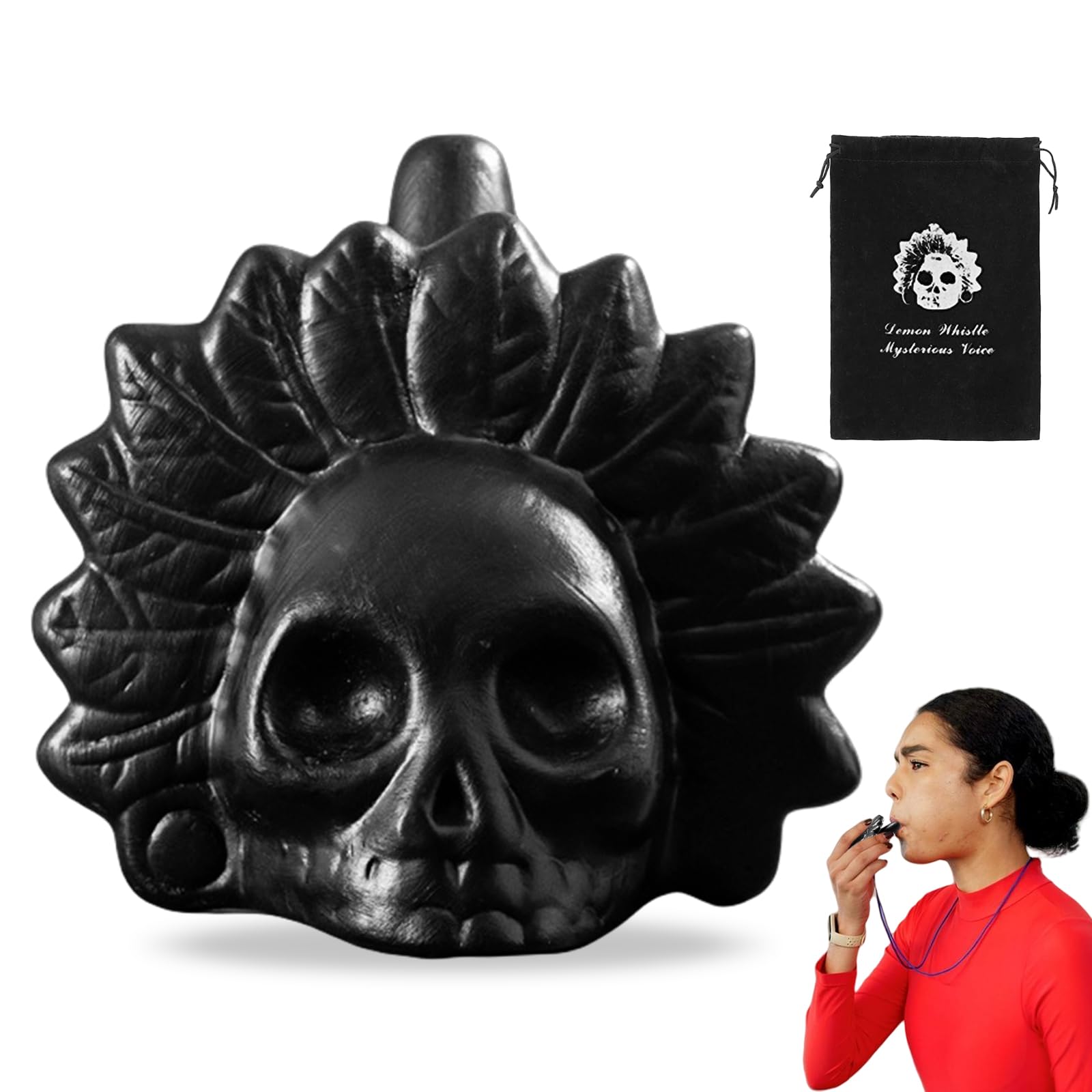 Aztec Death Whistle, krzyk aztecka gwizdek śmierci z autentycznie brzmiącymi ludzkimi krzykami, z czarnej czaszki, idealna na Halloween i Dzień Zmarłych, prezent