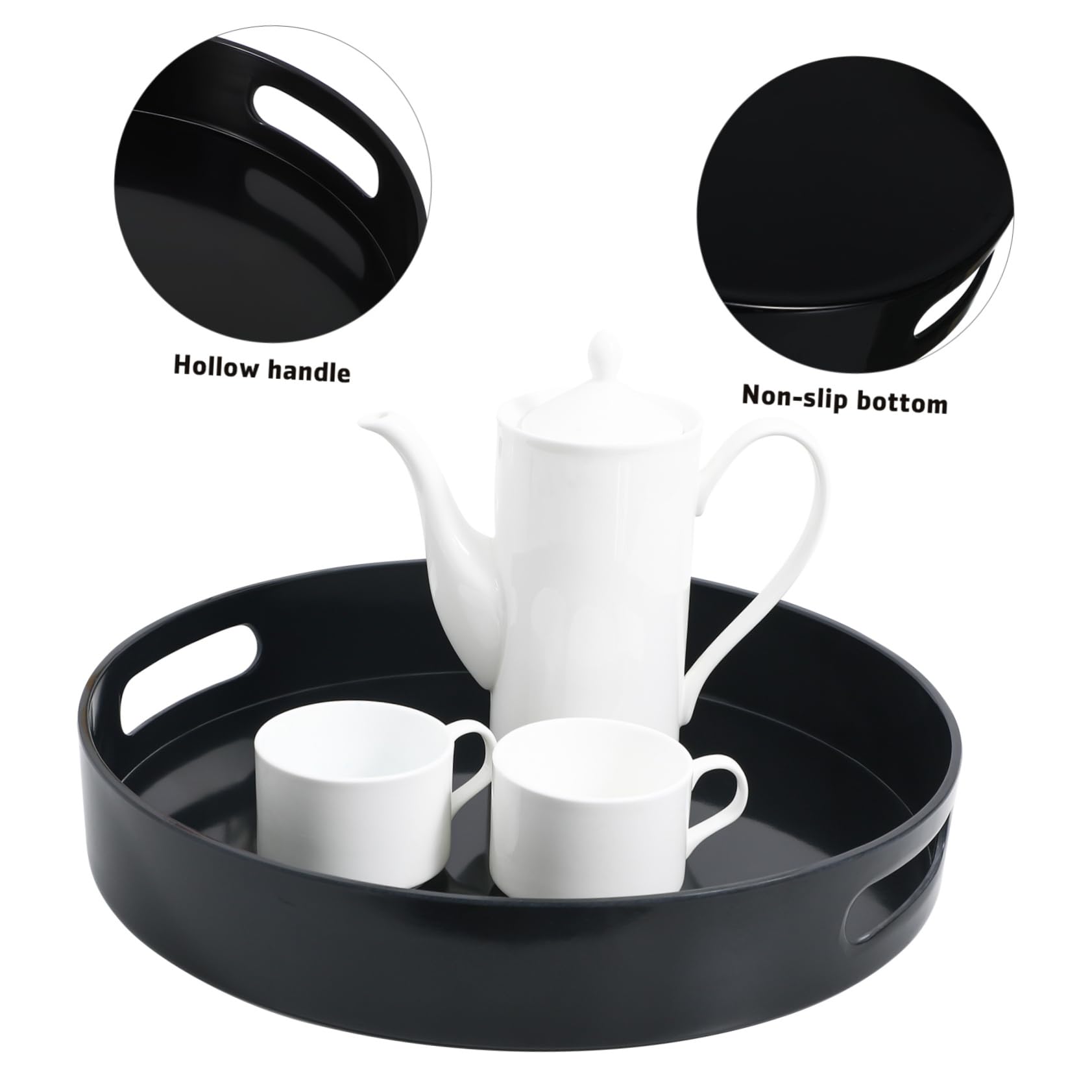Bandeja Redonda Decorativa Mediana Negra con Asas de Plástico | Exhibir Objetos, Diseño Simple y Elegante, Fácil de Transportar, Uso Versátil en Hogar