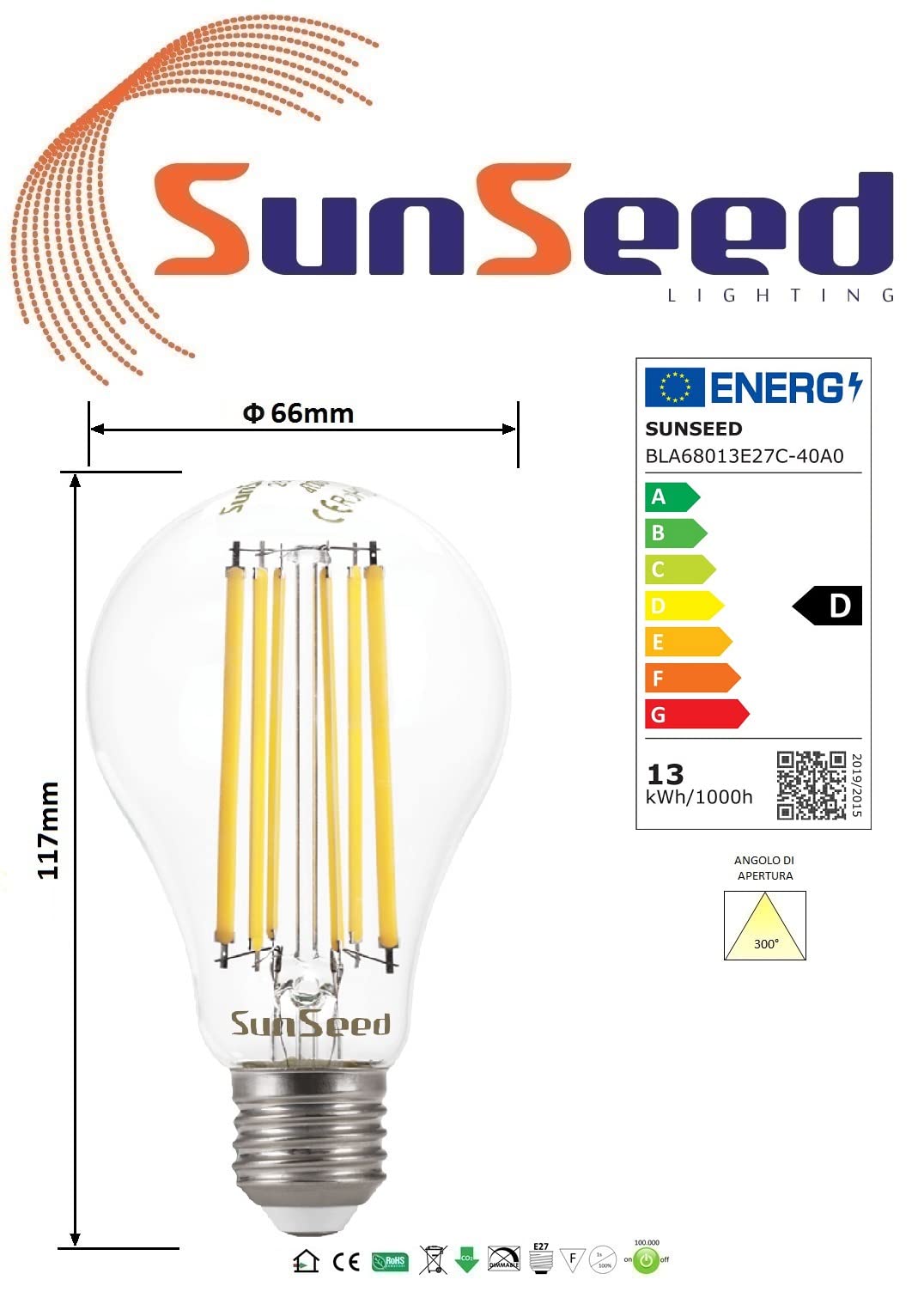 SUNSEED 10x Lampadina E27 Filamento LED 13W Goccia A66 1800 Lm Luce Naturale 4000K