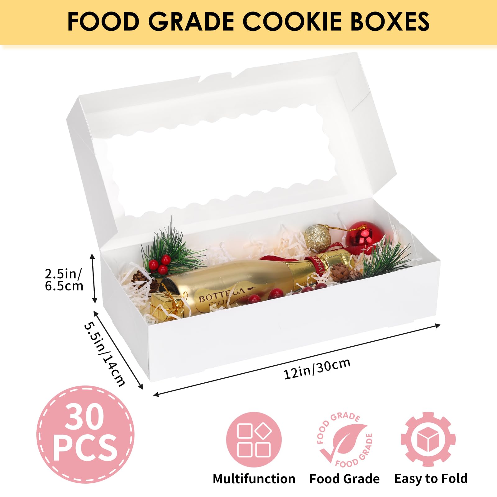 Moretoes Paquete de 30 cajas de galletas con ventana para pasteles, 30 x 14 x 6 cm, para chocolate, fresas, donas, pasteles, magdalenas y pasteles