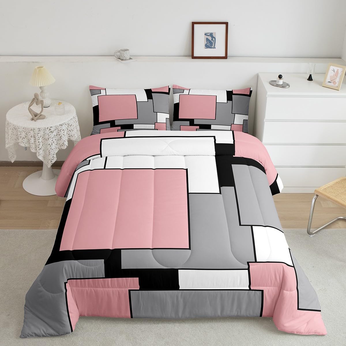 Geometric Queen Comforter for Kids Teens,Mid Century Abstract Bedding Set Modern Pink Grey Black Grey Bedding Comforter Sets for Home Room Decor Lines