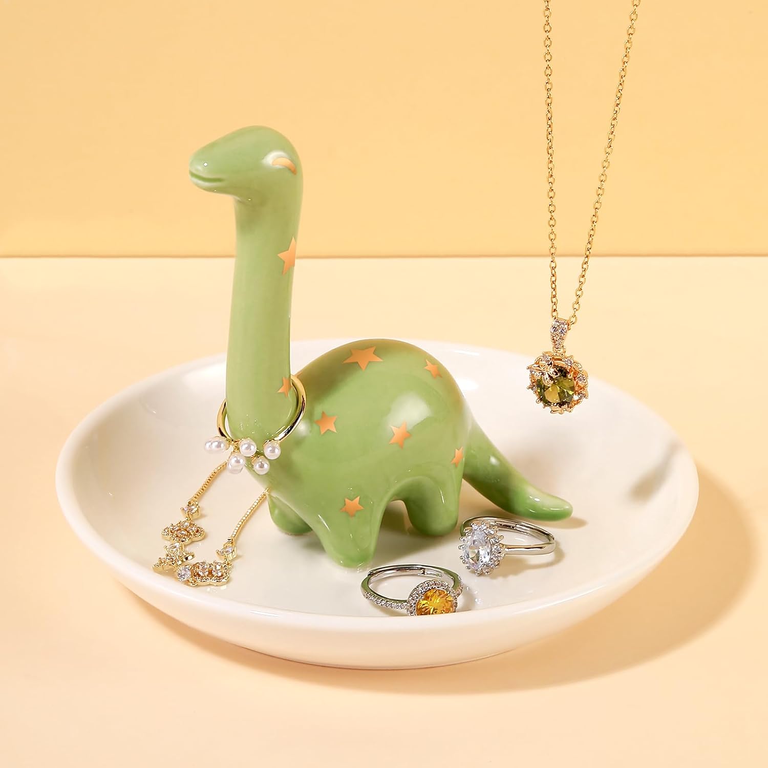 BrokenPUDDING CABIN Green Dinosaur Ring Holder Dish, Dinosaur Gifts Ring Holder for Rings Earrings Bracelets Necklace Organizer, Birthday Mothers Day Thanksgiving Christmas Gifts for Women