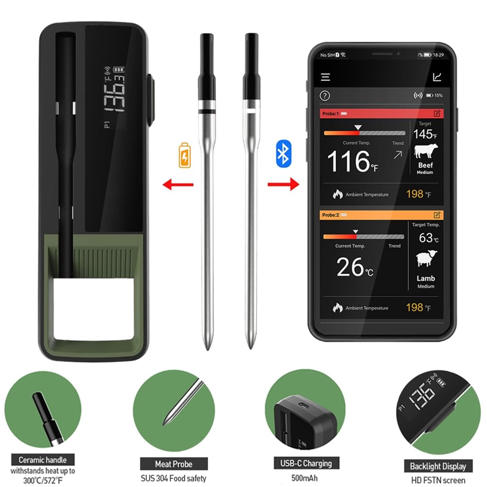Termómetro Inalámbrico para Alimentos y Carne, Termómetro Digital Inteligente para Barbacoa con Bluetooth para Cocina, Horno, Parrilla con 2 Sondas