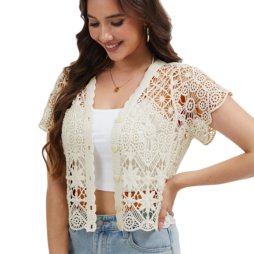 Women's Short Sleeve Bolero Shrugs Crochet Lace Open Cardigan