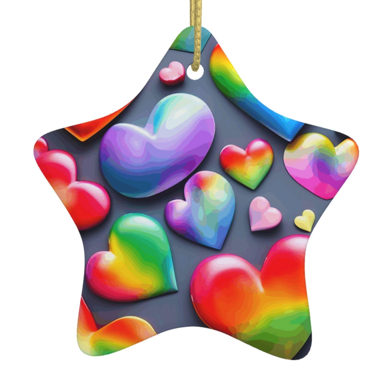 Rainbow-Colored Love Hearts Print Christmas Ornaments, Ceramic Hanging Ornament, Round Shape Decorations