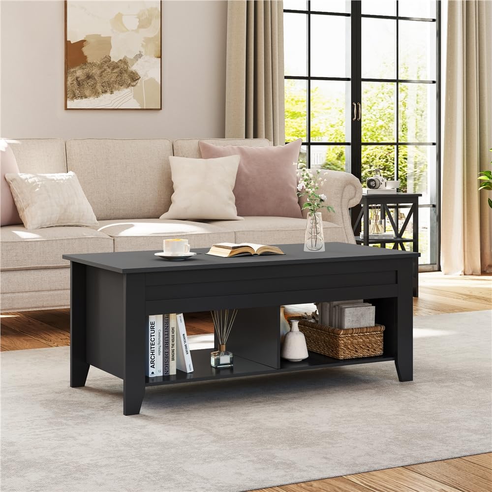 Yaheetech Table de Basse Relevable avec Plateau relevable, Table de Salon Fonctionnelle avec Deux Compartiements Caché, Design Moderne en Bois MDF 104 x 49 x 49/61 cm Noir