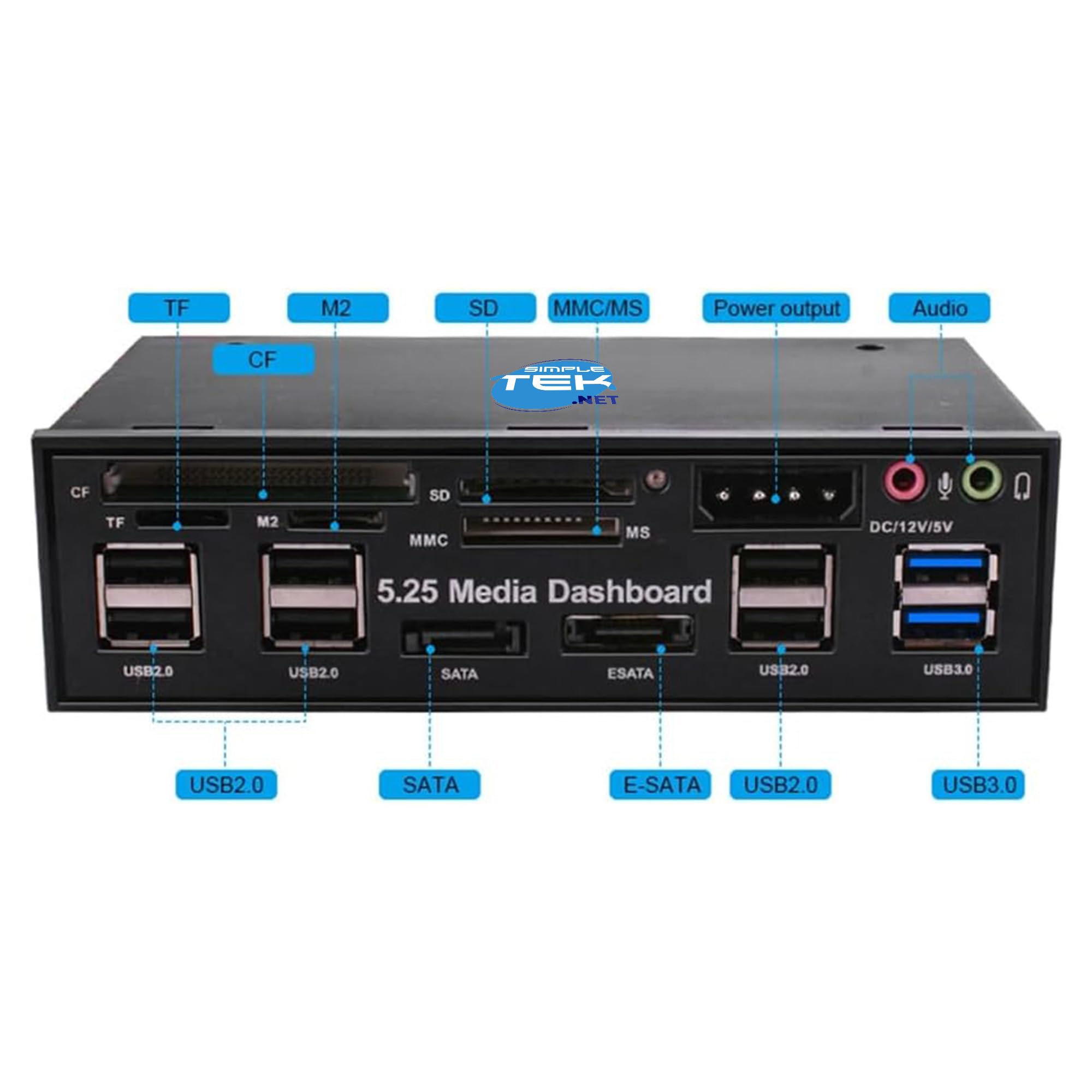 SIMPLETEK - Pannello Media Dashboard 5.25" Multifunzione - Lettore Card 6-in-1 - Hub USB 3.0/2.0 - Porte SATA & eSATA - Uscita DC 12V/5V (Ricondizionato)