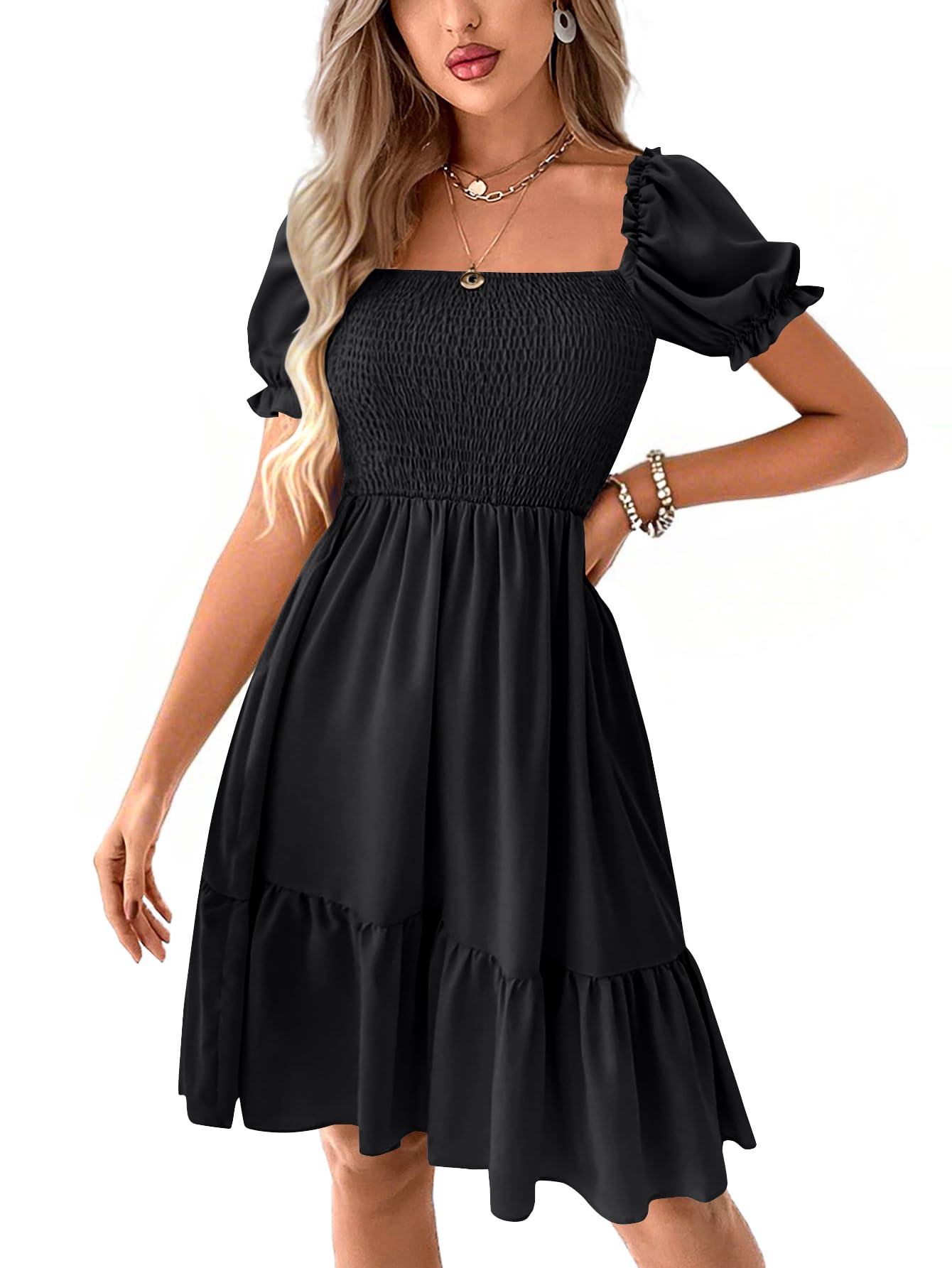 LYANER Women's Smocked Casual Mini Dress | Square Neck Puff Short Sleeve Ruched Tiered Ruffle Flowy A Line Wedding Guest Short Dresses