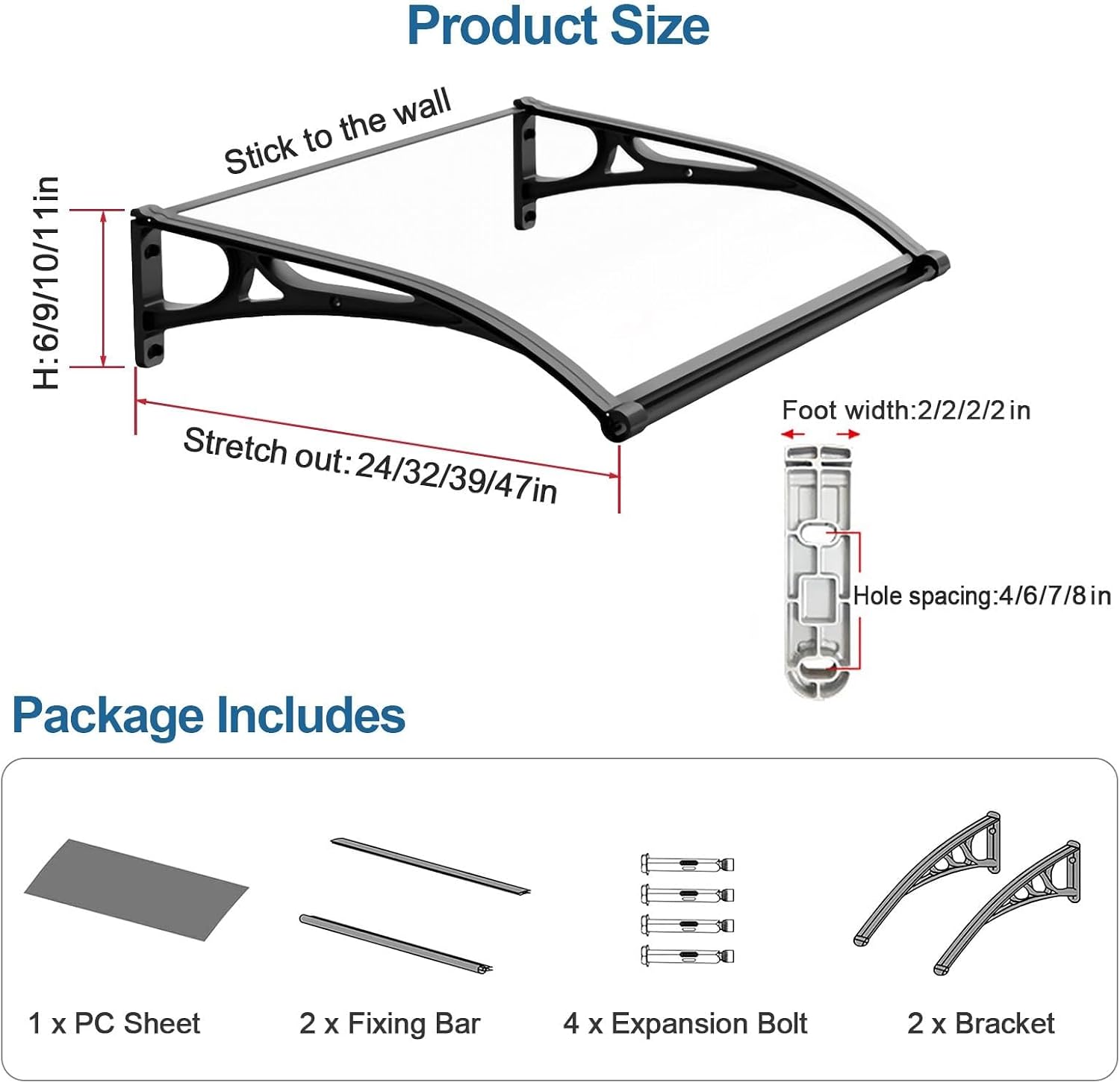 Aluminum Alloy Door Canopy Shelter with Clear Polycarbonate Cover Outdoor Rainproof Awning for Balcony Window Entryway Protection from Rain and Sun