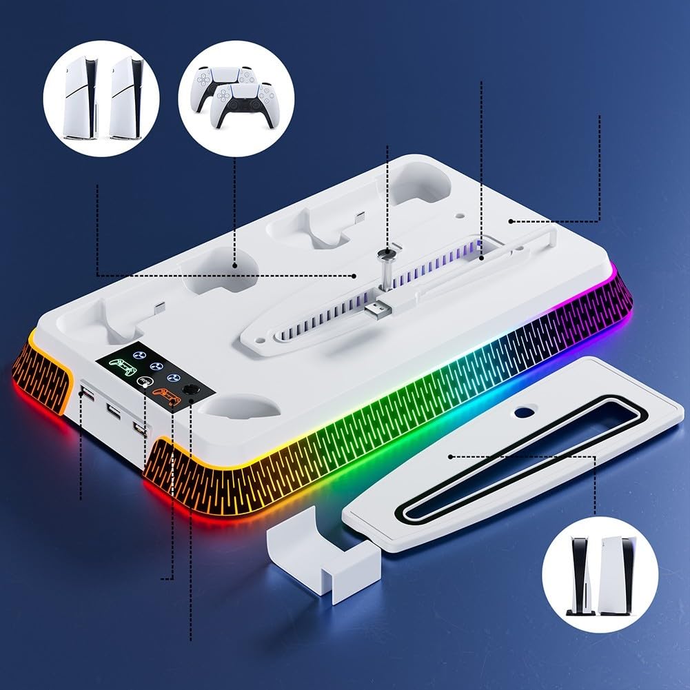 Supporto sottile e stazione di raffreddamento con controller LED stazione di ricarica per console PlayStation 5 Pro, caricatore doppio controller per PS5 Pro, ventola di raffreddamento, supporto per