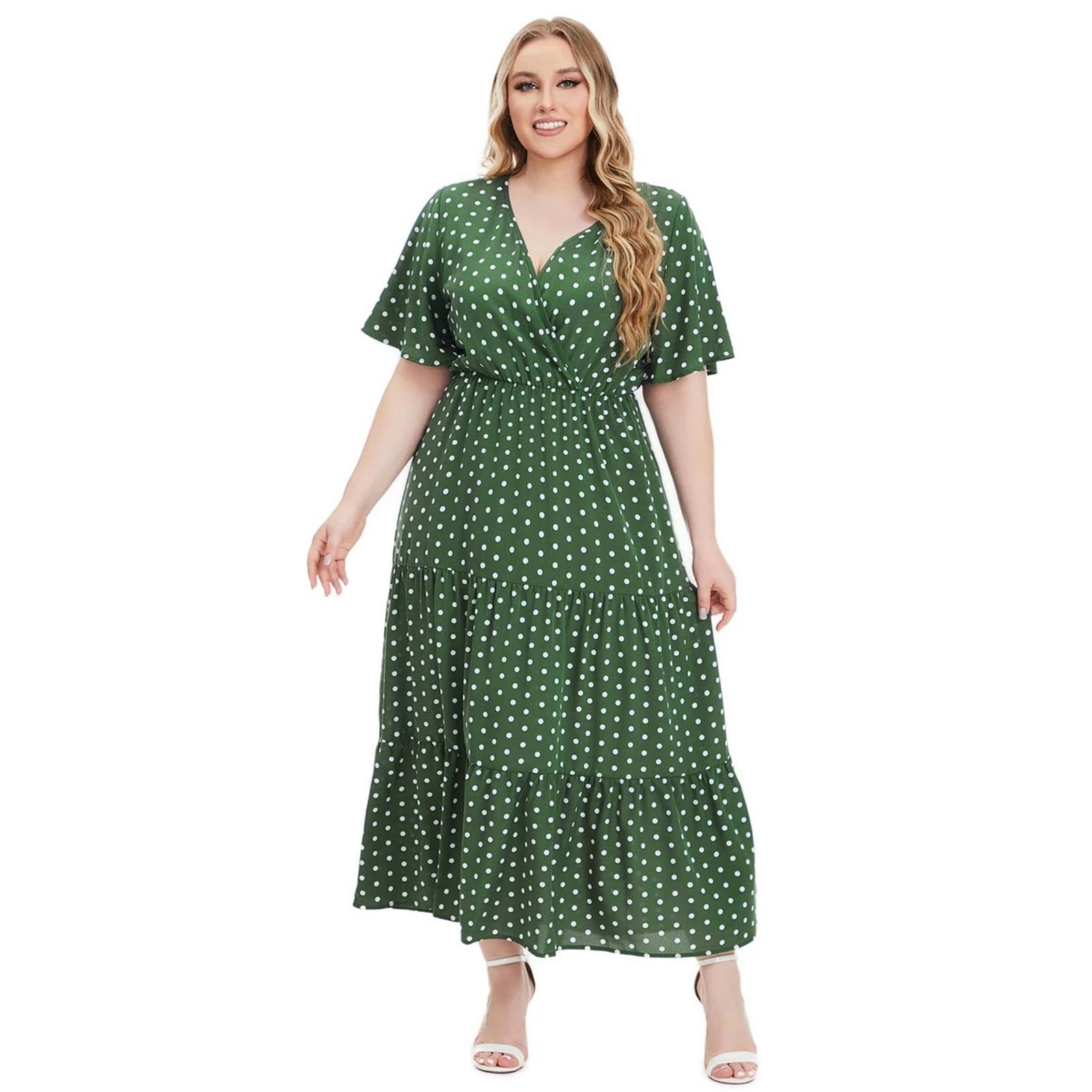 Casual Plus Size Polka Dots Dress Estate Manica Corta Scollo a V Sciolto Maxi Abiti Casuali, HUTALIM, Rosso, 3XL