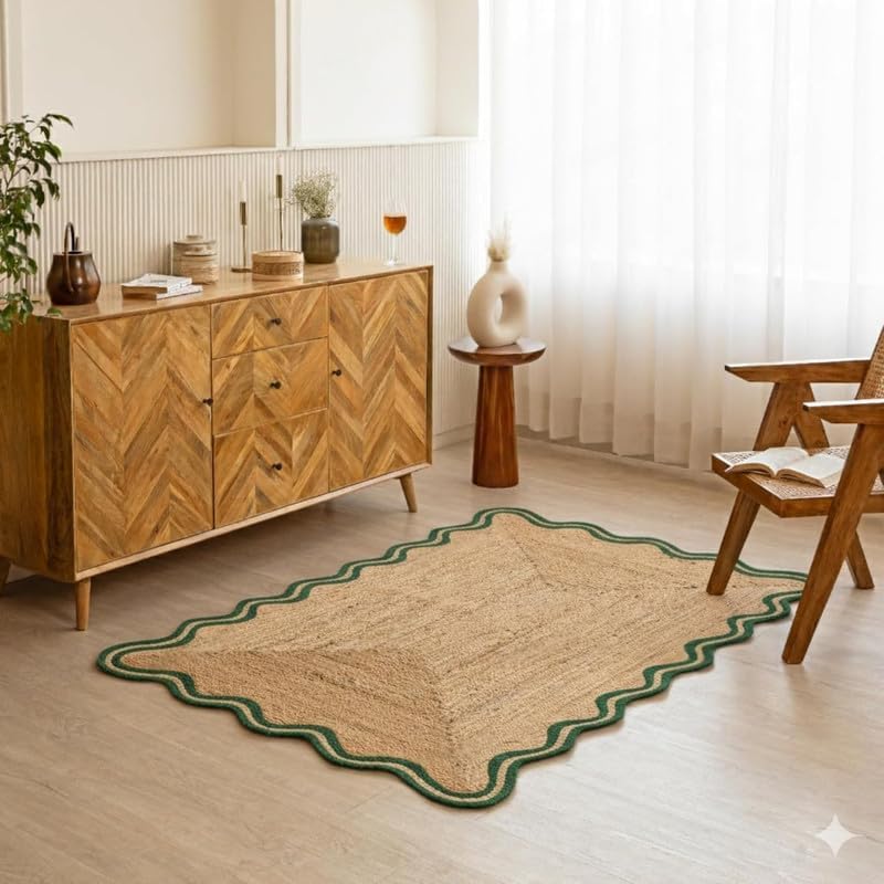 Scalloped Border Area Rug Rectangular Design Multi Size Color Options for Living Room Bedroom Home