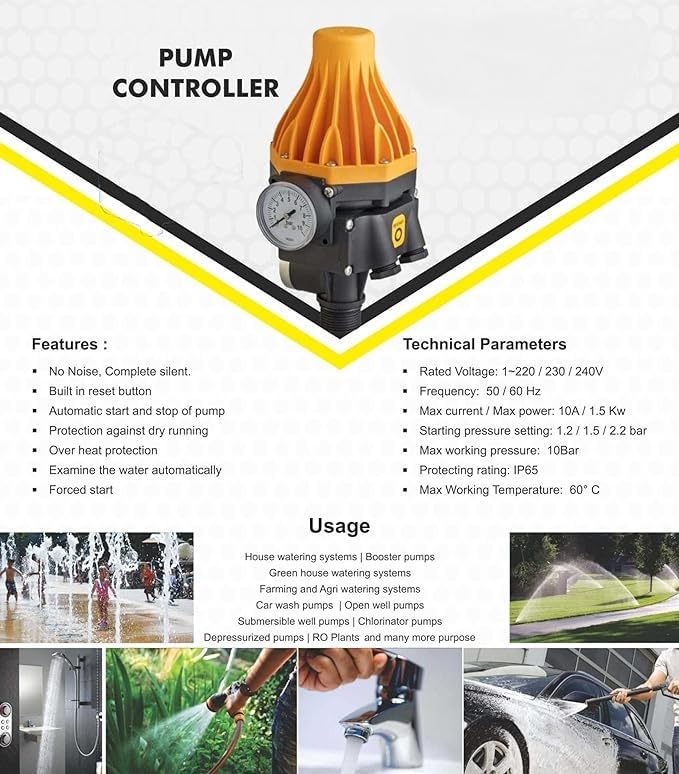 Image of Resale By JES Automatic Electronic Water Pump Pressure Controller Switch - 220V-240V, 10A, 1.1kW, with Gauge, G1 Thread, 1.5 Bar Start Pressure, 10 Bar Max, IP65 Waterproof, High-Grade Polymer