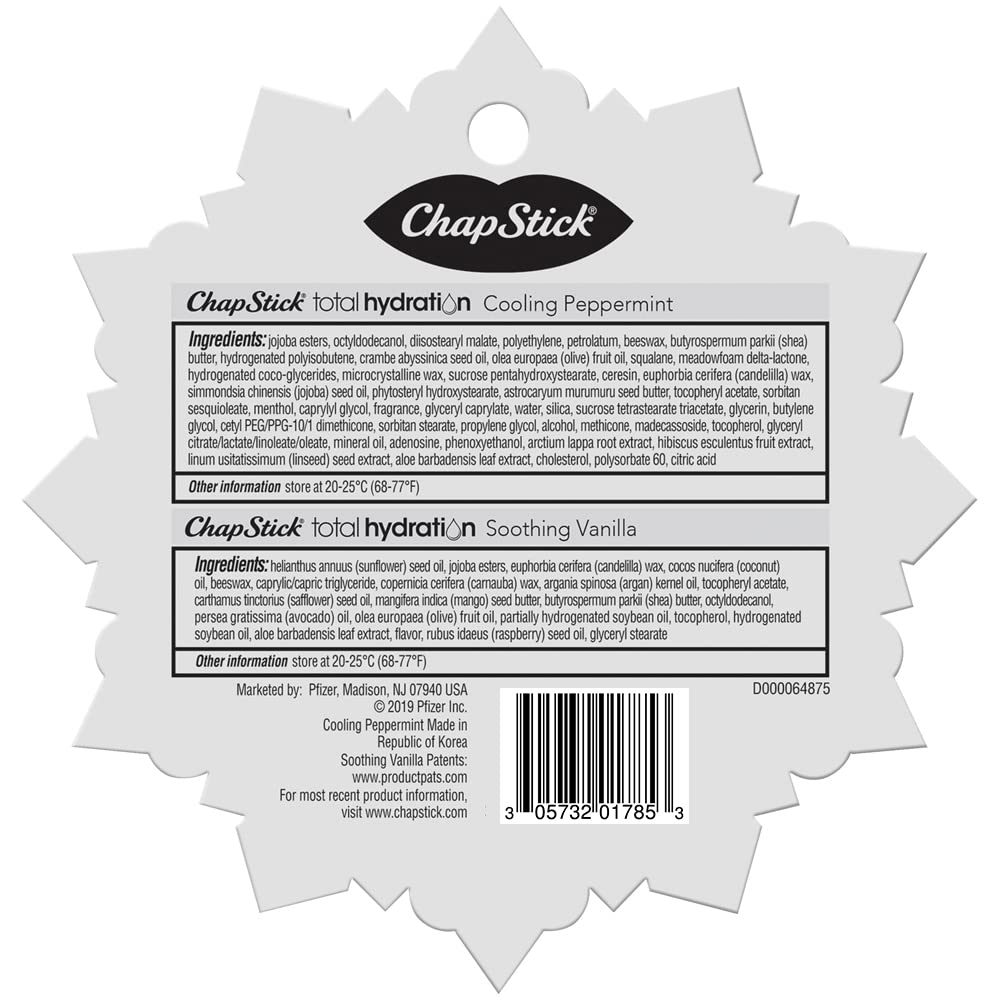ChapStick Total Hydration Soothing Vanilla and Cooling Peppermint Lip Balm Snowflake Gift Set, Lip Care - 0.12 Oz Each