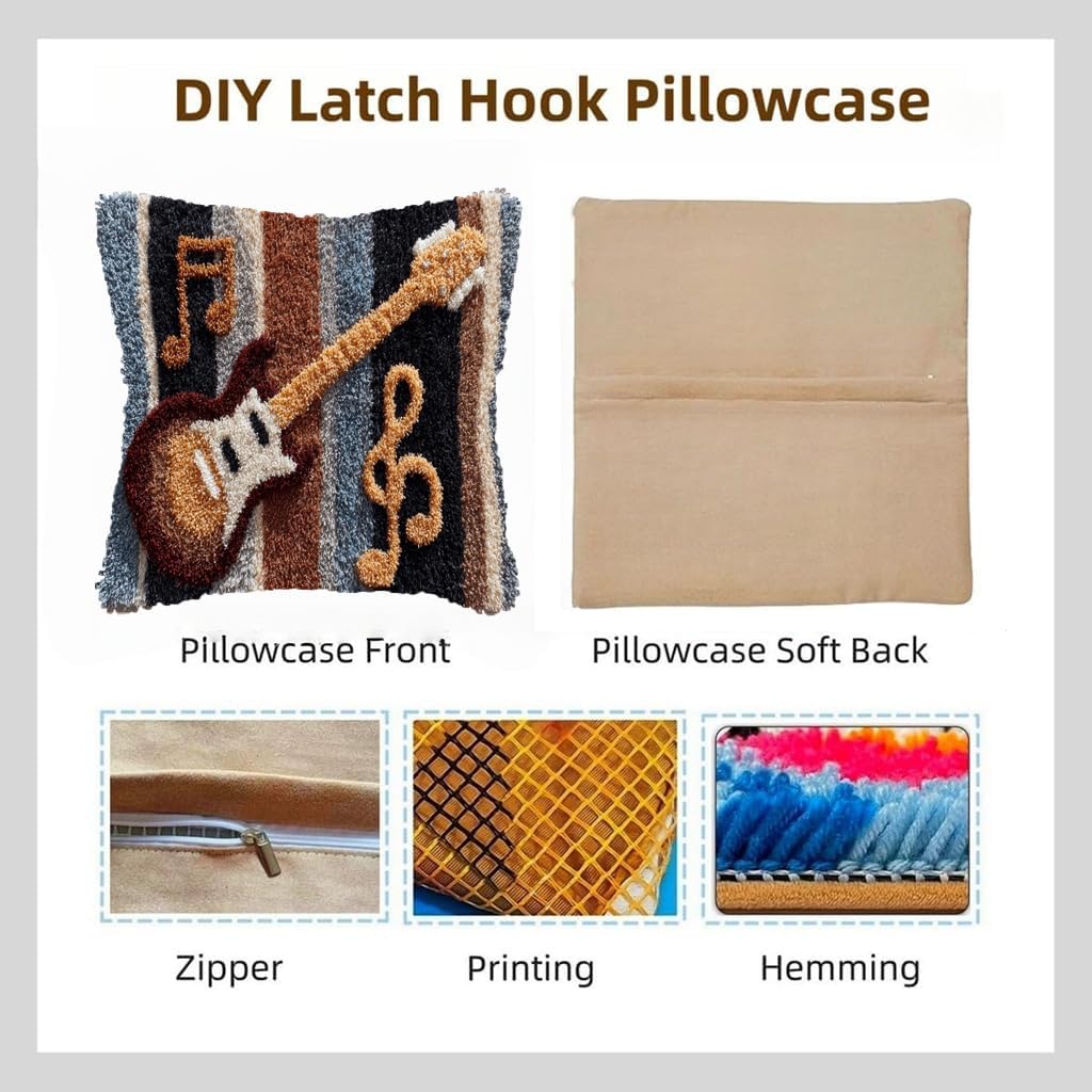DIY Latch Hook Pillow Kit Guitar and Music Notation Easy for Beginners Stamped Cushion 43x43cm Sofa Bedroom Decor Craft-2