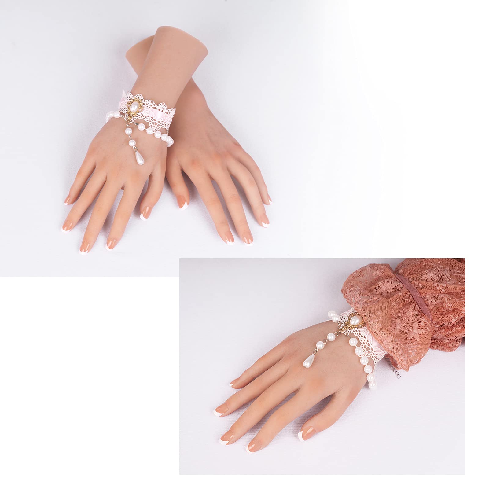 KUMIHO Realistic Silicone Female Hand Model Fake Hand for Jewelry Display Tattoo Training Practice Art Sketch with Nails, 1 Pair -with Skeleton, White: Nude 1 Pair -With Skeleton