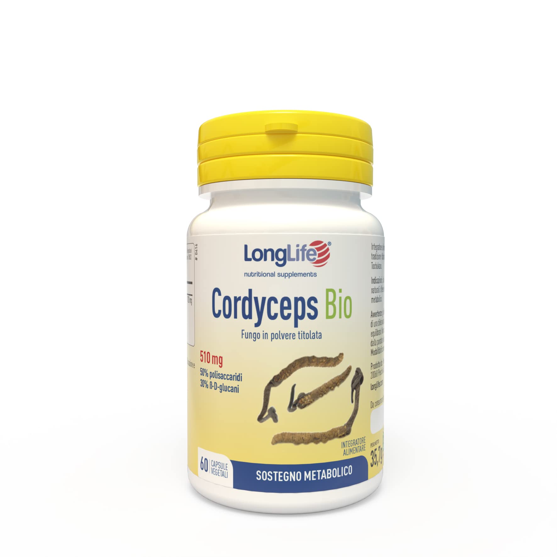 LongLife® Cordyceps Bio | DNA certificato | titolato al 50% in polisaccaridi e al 30% in β(1,3-1,6)-D-glucani | Energia e vitalità | Difese naturali | 60 capsule vegetali | Vegano e senza glutine
