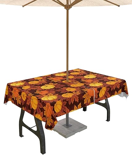 Manteles de Acción de Gracias para exteriores con agujero para paraguas y cremallera, hojas de arce de calabaza, naranja, amarillo, marrón,