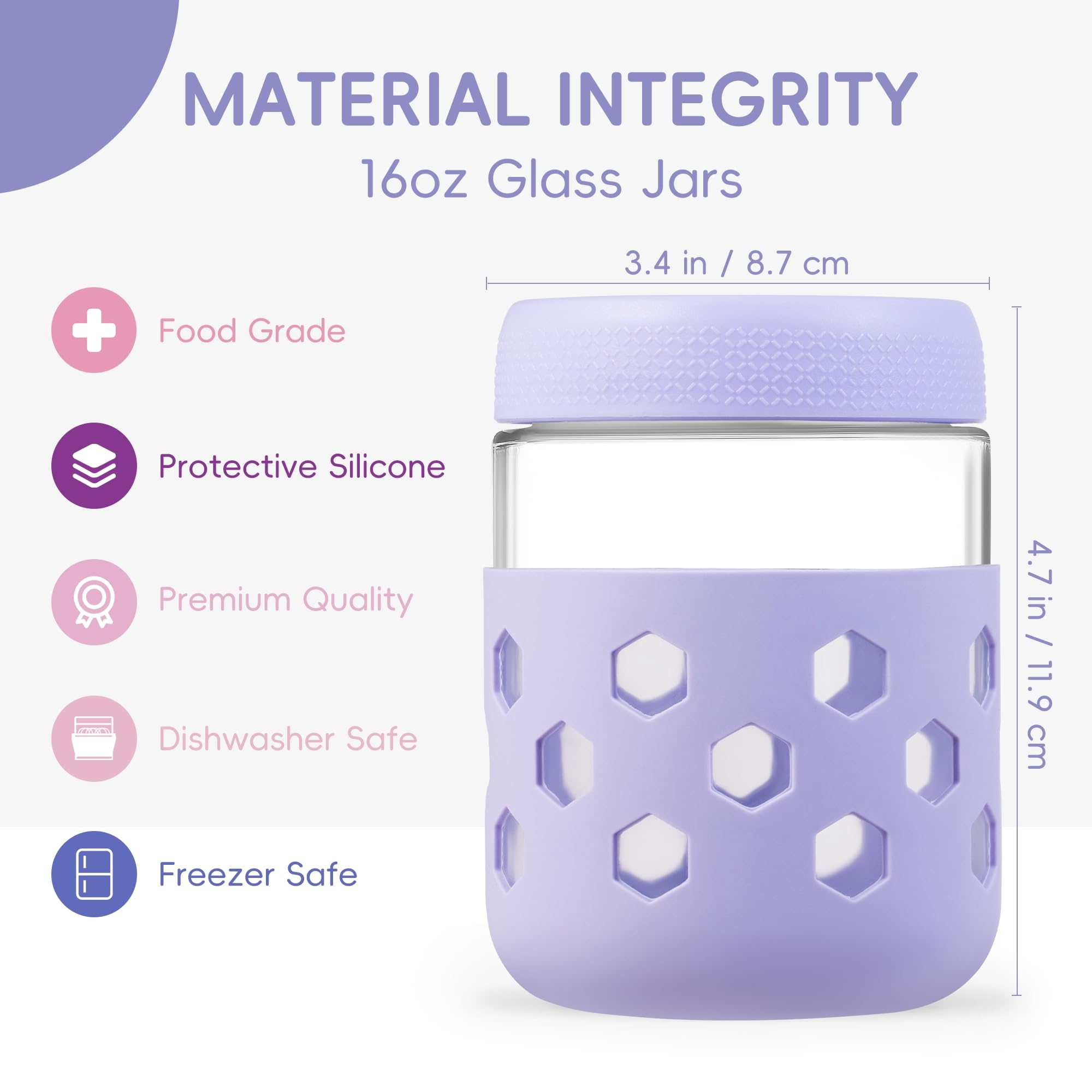 Gemice Lot de 6 bocaux Mason en verre de 473,6 g avec manchons en silicone, récipients hermétiques sans BPA avec couvercles, passent au lave-vaisselle, anti-fuite, pour chia, pudding, yaourt