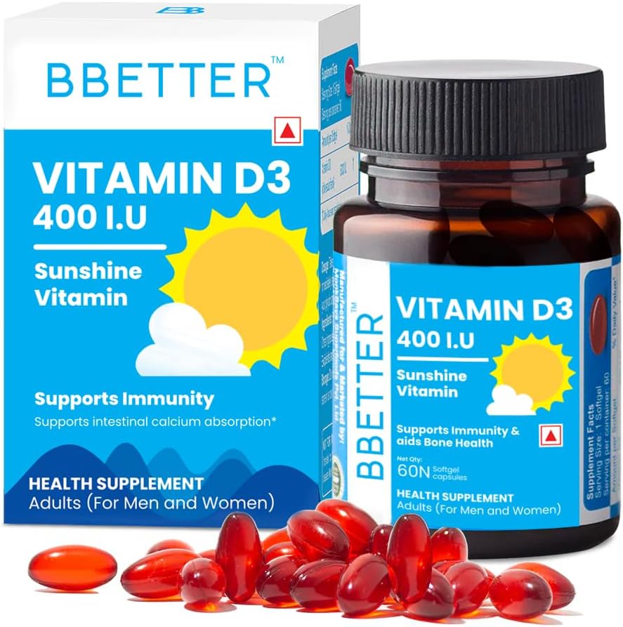 Vitamin D3 Supplement for Immunity, Healthy Bones & Strong Muscles - 60 softgels of Vitamin D (Cholecalciferol) with the recommended daily dosage of 400IU