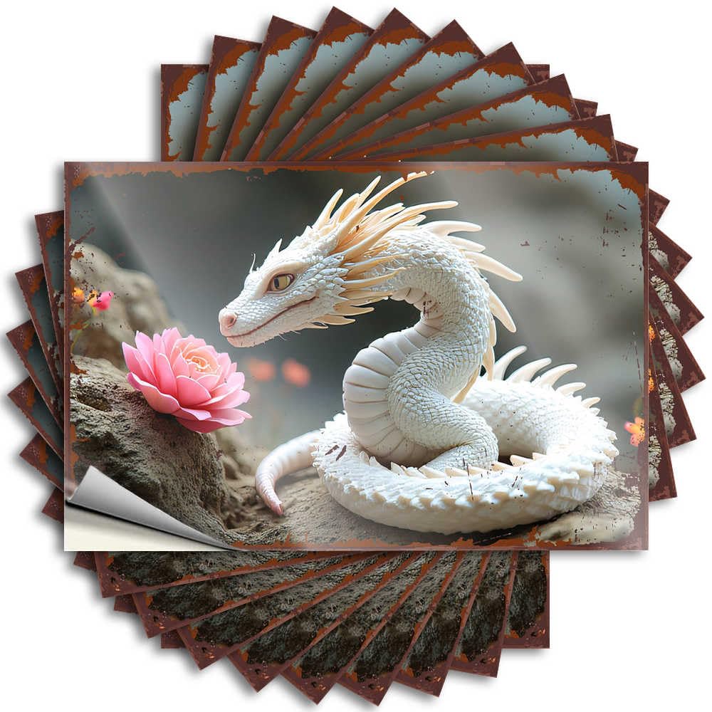 White Dragon Serenely Resting Beside A Pink Rose Autumn Fun - Bumper Wall Removable Vinyl Decal(8X12CM)