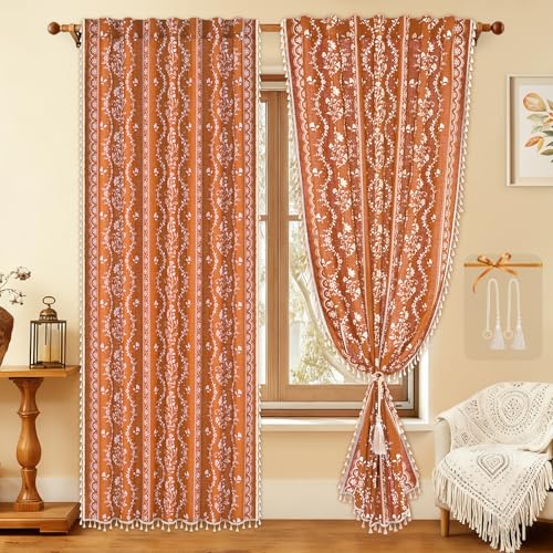 Image of Yinhua Boho Curtains for Living Room 63 Inch Length Vintage Linen Orange Curtains for Bedroom Light Filtering Floral Window Curtain Rod Pocket & Back Tabs Farmhouse Rustic Tassel Drapes with Tiebacks
